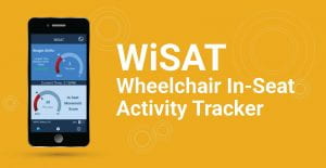 WiSAT app displayed on an iPhone, including graphical and numerical presentations of weight shift count and in-seat movement scores for the current hour. Title reads: WiSAT Wheelchair In-Seat Activity Tracker.